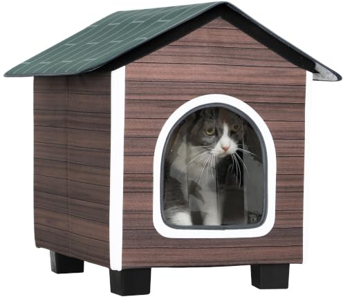 PawHut Insulated Outdoor Cat House Water-Resistant Elevated Base Red-Brown | Feral Cat Shelter, Cushion, Pet House, Indoor Outdoor, for Stray Animals