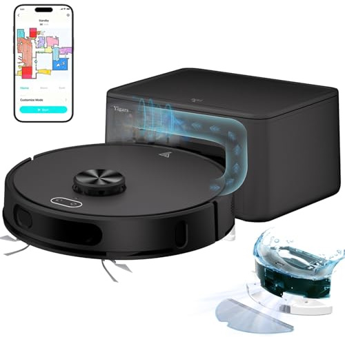 Yigars Robot Aspirateur Laveur avec Station jusqu'à 8000Pa Autonomie 220min | 70 Jours Vidage Automatique, Navigation LiDAR & Cartographie, Anticollision, Connecté par Alexa/APP pour Sols Durs, Noir