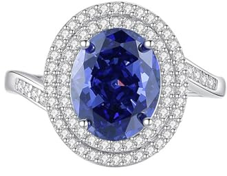 Mesnt Verlobungsringe, Frauen 9 Karat Weißgold Gedrehtes Design mit 3 Karat ovalem Tansanit mit Moissanitring, Größe 62 (19.7)