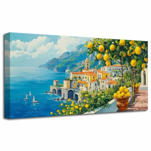LZIMU Große Leinwand Italien Küste Gelbe Zitrone Küche Bilder Blaue Natur Meereslandschaft Gemälde Drucke Sommer Italienische Küste Poster (Weiß, (60L x 120B cm))