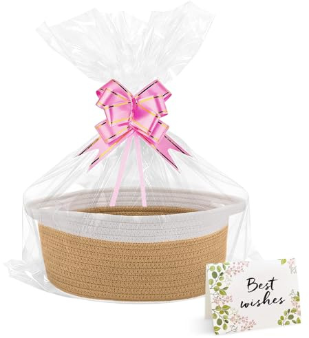 Beige Präsentkorb Geflochten Körbchen mit Geschenktüte & Schleife & Karte | Geschenkkorb Leer, Aufbewahrungskorb Deko für Geschenkverpackung, Geburtstag, Hochzeit, Ostern, Thanksgiving, Weihnachten