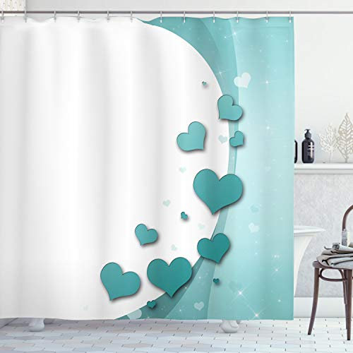 ABAKUHAUS Turquoise Rideau de Douche, Coeurs Valentines, Tissu Ensemble de Décor de Salle de Bain avec Crochets, 175 cm x 180 cm, Turquoise Turquoise Blanc