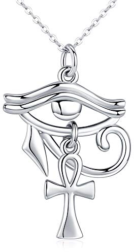 KINGWHYTE Ankh Kette 925 Sterling Silber Ägyptisches Kreuz Halskette dem Auge des Horus Anhänger für Damen Herren(Weißgold)