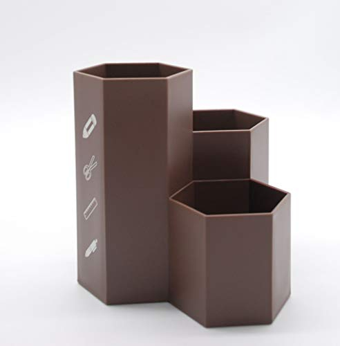 AhfuLife Creative Multifunction Hexagon Makeup Brush Vase Brush Pot Pen Holder Stationery Storage Pen Container Desk Decoration (chocolate)