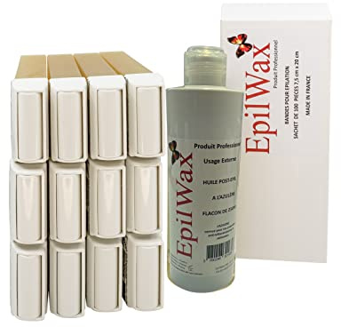 EpilWax Set med 12 x rulle på vaxning med honung + 100 x hårborttagningsremsor + olja efter hårborttagning - ben, armhålor, kropp - lätt att sprida ut och ta bort