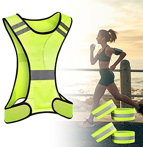 Abnaok Reflektierende Weste Set - 4X Reflektorband und 1 Reflektorweste, Warnweste mit Reflektor Streifen, Reflektorweste Laufweste, Warnweste Fahrrad, Reflektierende Weste Für Nachtlauf Joggen