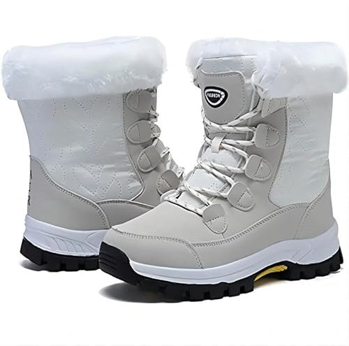 Stivali da neve da donna invernali impermeabili con fodera in pelliccia a metà polpaccio per attività all'aperto Camminata leggera antiscivolo, bianco, 36 EU