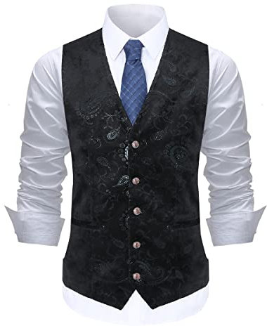 Allthemen Mens Paisley Jacquard Suit Gilet Monopetto Vest Slim Fit Button Down Prom Abito Formale Gilet Nero 1 XL