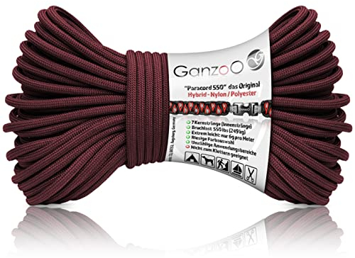 Ganzoo Paracord 550 Seil weinrot, 4mm, Typ 3, Nylon Polyester, Hybrid, Armband, Hunde-Leine, Hunde-Halsband knüpfen, ca. 250kg Bruchlast, Outdoor Rope, Camping Schnur, Allzweckseil, 30 Meter