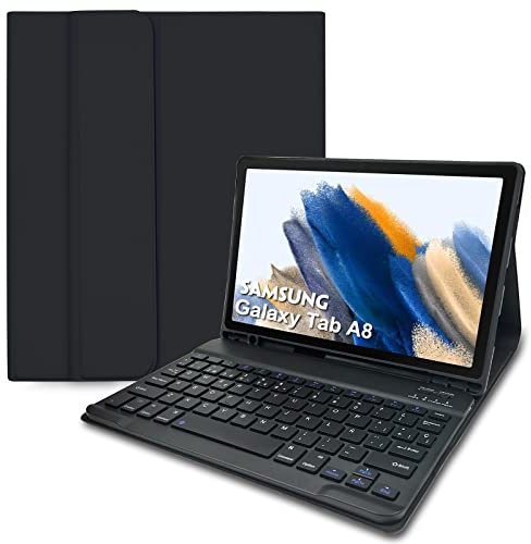 Funda con Teclado Español Ñ para Samsung Galaxy Tab A8 10.5 2022 (SM-X200/X205/X207),Funda de Cuero Ultra Delgada con Portalápices,Teclado Español Bluetooth Inalámbrico Magnético Desmontable-Negro
