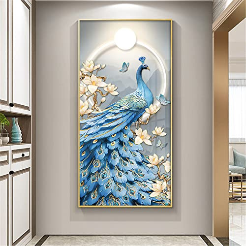 EXQULEG 5D Diamond Painting Bilder, Full Groß Diamant Painting Pfau Diamant malerei Kits für Wohnzimmer Schlafzimmer Büro Wand und Eingang Dekoration (50x100cm)
