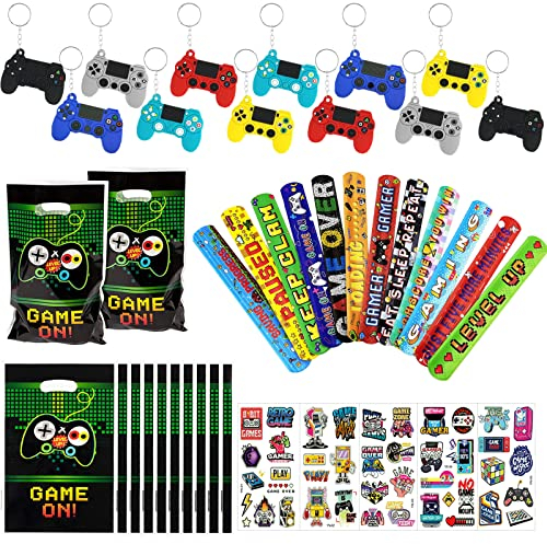 39 Pièces Jeu Vidéo Fournitures de Fête Enfants de Jeu Vidéo, Pinata porte-clés d’anniversaire jeu bracelet tatouage lumineux sac de bonbons garçon Cadeau d'anniversaire pour enfants