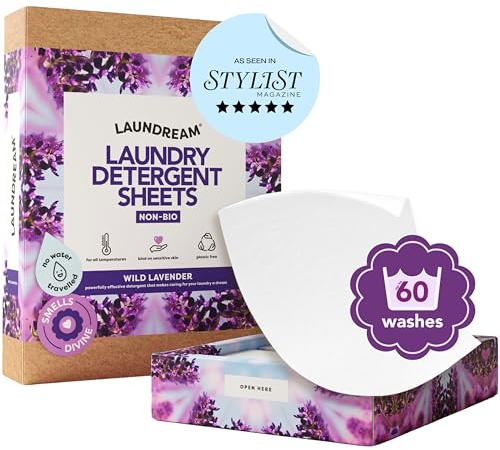 LAUNDREAM Wild Lavender Laundry Detergent Sheets x 60 Loads - Eco-Friendly Swaps Washing Capsules, Washing Liquid, Powder with Plastic-Free, Vegan, Plant-Based Ultra Concentrated Strips