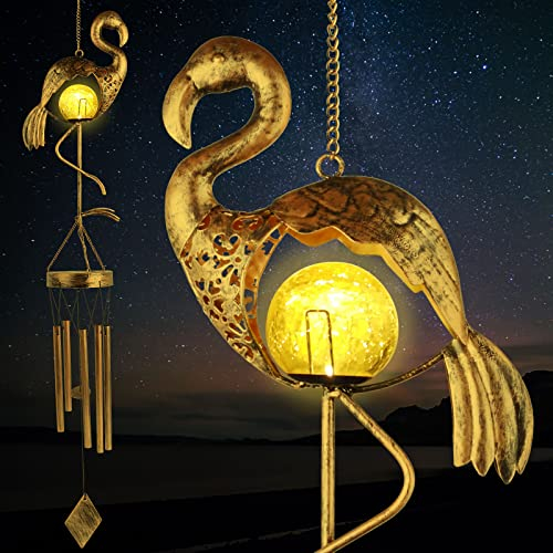 JIAUFU Flamingo Solarleuchten Windspiele für Draußen, Metall Solar Windspiel Hängend LED Licht Wasserdicht, Outdoor Wind Chimes für Garten Patio Rasen Yard Dekoration