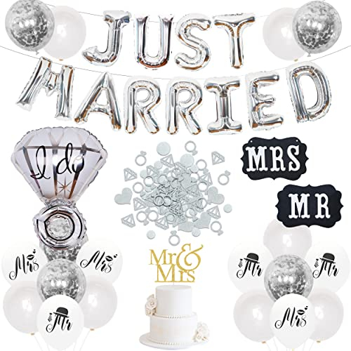 Just Married Decorations Set Silver, Mr and Mrs Sign and Cake Topper, Just Married Balloon Banner, Silver Confetti Decor for Wedding Marriage Proposal Engagement Party Supplies