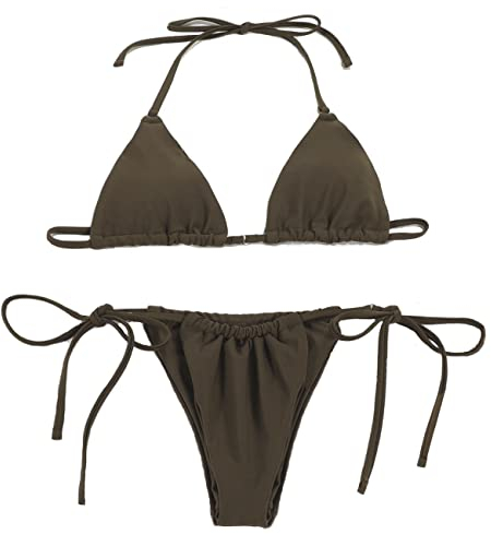 LUNNTE Damen Bikini Set Sexy Tanga String Bikini Badeanzüg Zweiteiliger Triangel mit Ring Badebekleidun Verstellbare Bademode Unterteil Seitlicher Schnürung (Braun, S)