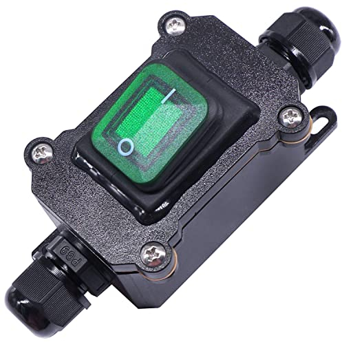 Taiss/IP67 wasserdichter inline schalter kabelschalter 12V DC 20A DPST 4 polig, Ein/Aus Wippschalter für den Außeneinsatz,Mit LED grün Licht Joystick Tasten,Auf beiden Seiten Ein und Ausgang