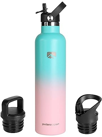 Polarscape Stainless Steel Large Water Bottle with Straw - Large Flask, Includes 3 Lids, 2 Straws, and Straw Brush - Insulated, Narrow Mouth, Double-Walled, BPA Free, Leak Proof - 1L Bubble Bliss