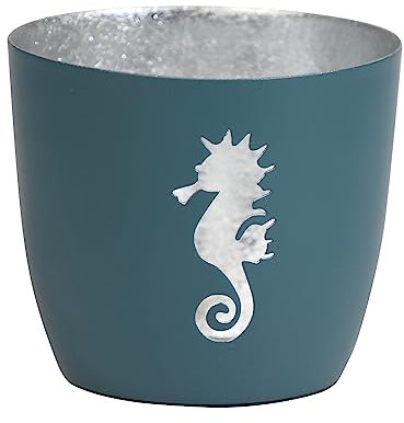 Seaside No.64 - Maritime Windlichter Baltic aus Metall mit ausgestanzten Motiven - Verschiedene Farbkombinationen für Teelichter & Stumpenkerzen in Haus und Garten (Seepferdchen - DKL.blau, Silber)