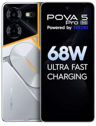 Pova 5 Pro 5G (Silver Fantasy, 8 Go de RAM, 256 Go de stockage) | Segment 1ère charge ultra rapide de 68 W | 1ère interface ARC rétroéclairée multicolore de l'Inde | Double caméra AI 50 MP | Écran FHD