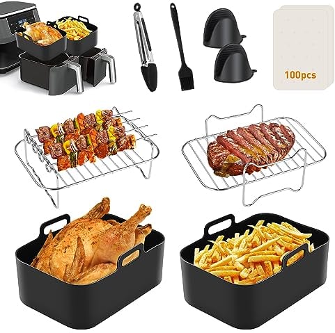 Silicone Air Fryer Liner for Ninja Dual AF300UK AF400UK AF451UK Tower T17088, 9 pcs Air Fryer Accessories, Ninja Air Fryer Accessories, Upgraded Air Fryer Liner Ninja Foodi Accessories