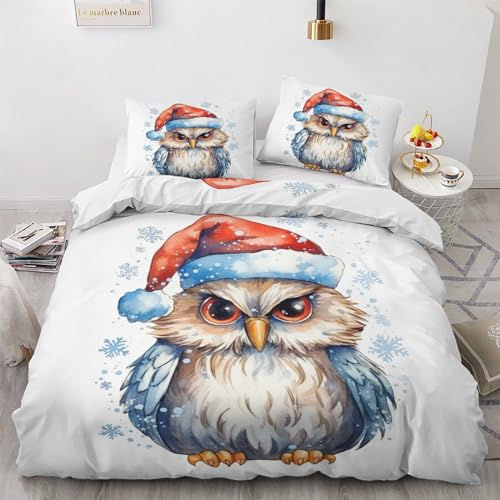 Weihnachten Eule Bettwäsche 200x200 Winter - Kinder Bettbezug 200x200cm 3 teilig, Wendebettwäsche und Kissenbezug 80x80, Weiche & Angenehme & Warme Mikrofaser Bettwäsche-sets mit Reißverschluss