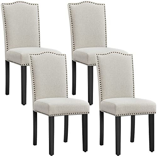 Yaheetech Chaises de Salle à Manger Lot de 4 Haut Dossier Design Boutons Bronzés Chaises de Cuisine en Tissu Chaises de Chambre Pieds en Bois Chaises Modernes 43 × 58,5 × 97 cm Beige