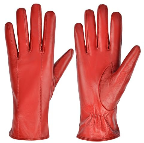 MGGMOKAY Damen Lederhandschuhe Touchscreen Handschuhe Warm Echtes Leder mit Kaschmir Gefüttert,Rot,M