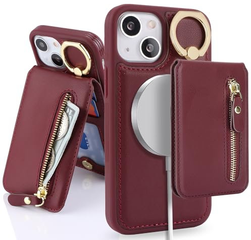 SailorTech iPhone 13 Mini Phone Leather Case with Credit Card Holder Magsafe, iPhone 13 Mini Case Ring Stand with Kickstand Card Slots Wallet Detachable 2-in-1 Zipper Case - Burgundy