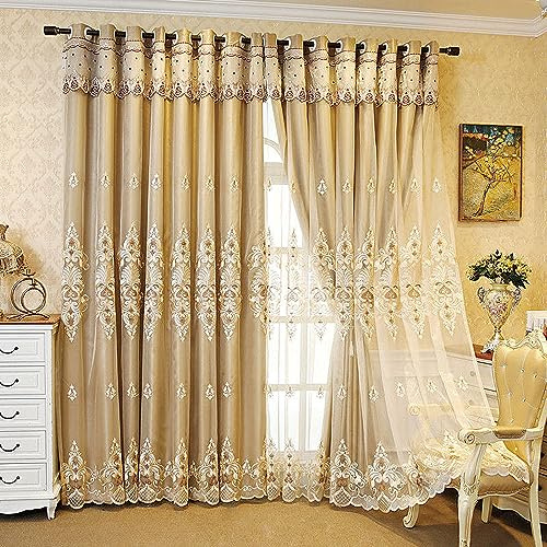Amidoudou 1 Paar Europäische Doppelschicht Vorhänge Für Wohnzimmer Schlafzimmer Luxus Europäische Gestickte Vorhänge (Khaki,160 x 230 cm)
