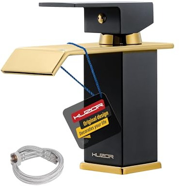 KUZOR 1PC Messing Wasserhahn Bad Waschtischarmatur - 5-minütige Installation, Wasserfall Badezimmerarmatur mit 50cm Kaltes Warmes Wasser Schläuche - Höhe 141 mm, Gewicht 631,4 g - Mattschwarz und Gold