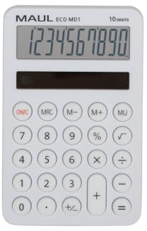 MAUL Taschenrechner Eco MD 1 | Solar Taschenrechner mit 10 Stellen und 5 Funktionen | Taschenrechner aus 60% recyceltem Kunststoff | Tischrechner für Büro, Schule | Blauer Engel/uz116 | Weiß