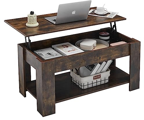 CLIPOP Couchtisch höhenverstellbar, ausziehbar, 43–55 cm, Braun | Holzplatte, offenes & verstecktes Fach, 100×50 cm, für Wohnzimmer, modernes Design, vielseitig