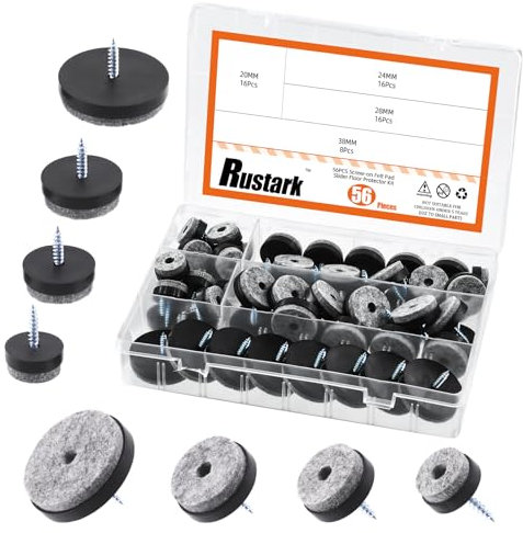 Rustark 56Pcs 4 Größen Schwarz Filzgleiter mit Schrauben Sortiment Set Rund Filzgleiter Schrauben Non Slip Furniture Felt Chair Pads für Möbel Böden