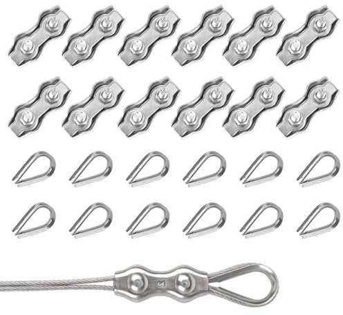 Rybtd Duplex Clips Serre-Câbles 24 Pièces M3 Duplex Clips avec M3 Cosse Coeur,304 Serre Cable Acier 3mm Pinces Duplex pour Cable Acier 3mm,Serre Cable pour Auvent Tendeur de Corde à Linge Fixe