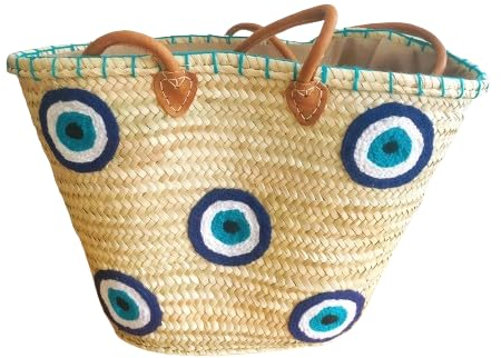 Panier plage paille - Panier osier plage - Sac cabas bohème - Panier paille palge oeil de Grèce