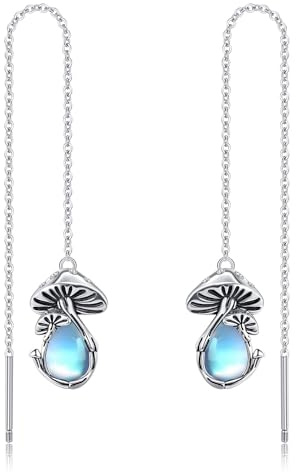 Pilze Durchzieher Ohrringe 925 Sterling Silber Mondstein Pilze Lange Kette Ohrringe Pilz Schmuck Geschenke für Damen Frauen