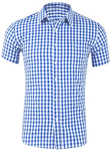 DUOLUVA Camisa tradicional para hombre, manga corta, Oktoberfest, camisa para hombre, color azul, a cuadros, con bolsillo en el pecho, ajuste universal, azul oscuro, XXL
