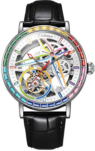 DAXIAOYU Einzigartiges Design, vollautomatische mechanische Herrenuhr, farbige Edelsteine, Einfassung, Skelett-hohles Schwungrad-Armbanduhr, wasserdicht, leuchtend, Edelstahl, trendige Uhren,