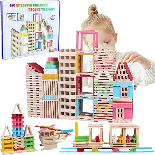 anyìshwu 150 pcs Construction Bois Enfant lot,Jeux de Construction Bois Enfant,Bloc de Constructions Enfants Boiss,Jouet Constructions Chalet en Boiss pour Enfants