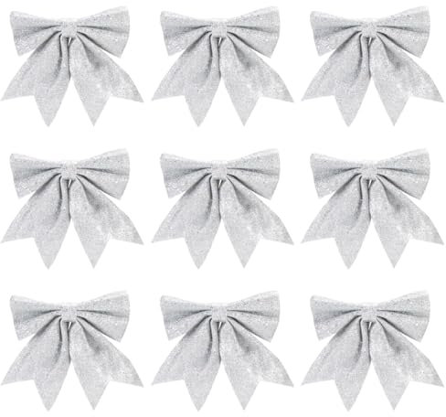 Sprinlot Schleifen Weihnachtsbaum Silber, 9pcs Schleife Weihnachten, Geschenkschleifen Weihnachten, Christmas Bows, Silber Weihnachtsschleifen Outdoor, Schleifen für Weihnachtsbaum Decoration