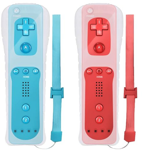 GBKDQQ 2x Wii-Fernbedienung, Controller Gamecontroller Wireless Remote Bewegungssensor Vernbedinung Ersatz Gamepad Controller mit Silikonhülle und Handschlaufe (Rot+Blau)