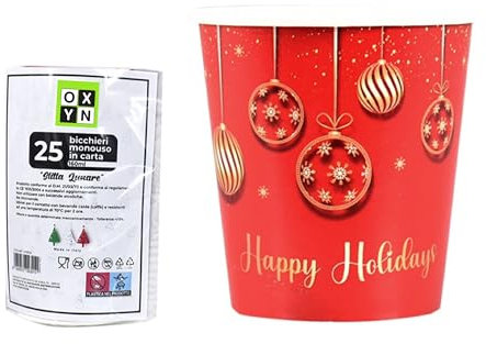 OXYN Bicchieri Monouso in Carta 160ml Natale Fantasie Babbo Natale e Palline di Natale Rosso Ecologici Perfetti per Feste Bevande Calde e Fredde Diverse Quantità Disponibili (25pz D)