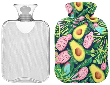 Wärmflasche mit süßem Bezug, grüne Avocado und tropische Blätter, 1 Liter, transparente Wärmbeutel für Menstruationskrämpfe, Nacken, Schulter, Rückenschmerzen, Bett-, Hand- und Fußwärmer
