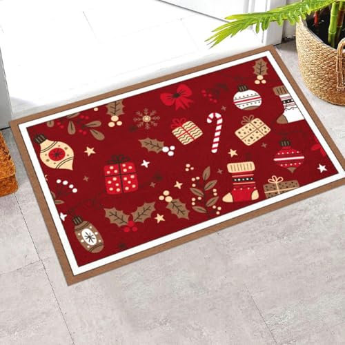 Christmas Door Mat, Red Washable Door Mat with Printed Christmas Ball and Xmas Gifts, Non Slip Bath Rug, Welcome Mat for Entrance, Inside, Kitchen, Front Back Door