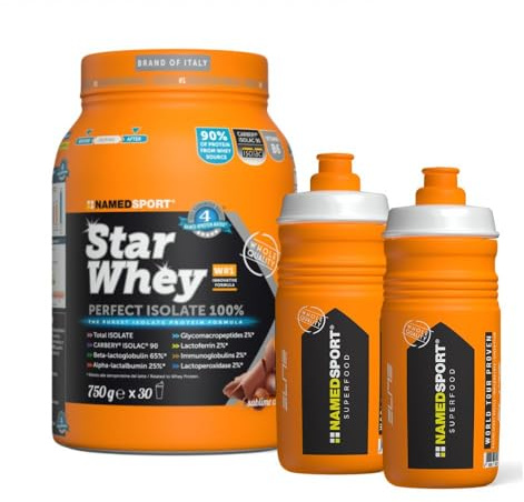 NAMEDSPORT Star Whey Perfect Isolate 100% - Barattolo da 750g, Sublime Chocolate - Proteine del Siero del Latte, Aumenta la Biodisponibilità, Favorisce Digeribilità (2 borracce in omaggio)
