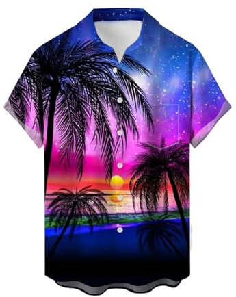 Generisch Camicie da uomo a maniche lunghe, casual, button-down spiaggia camicia floreale e abiti lunghi, costume da bagno uomo in lino camicia uomo manica lunga, Lilla, XXL