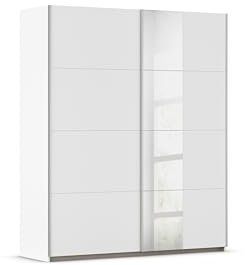 Rauch Möbel Oxford, Schiebetürenschrank, Schrank, Garderobe, 2-türig, 1 Spiegel, Zubehör Premium, 4 Einlegeböden, 1 Schubkasteneinsatz, Türdämpfer, Farbe Weiß, Griffleisten Alufarben, 175x210x59cm