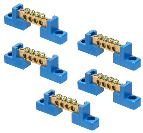 QUARKZMAN 5 Stück 4 Positionen Klemmleisten Erdungs-Sammelschiene Blaue | Kupfer Drahtverbinder Schraubklemmenblock, Für elektrische Geräte, Mit Blaue Montagehalterung, Kupfer