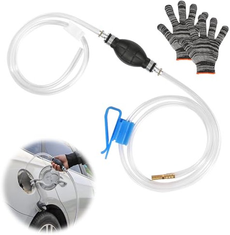 HURODZ Bomba de gasolina manual, bomba de sifón de 8 mm, con manguera de 2 m, 2 abrazaderas de manguera portátil, bomba de transferencia, bomba de succión para gasolina, diésel, aceite, agua
